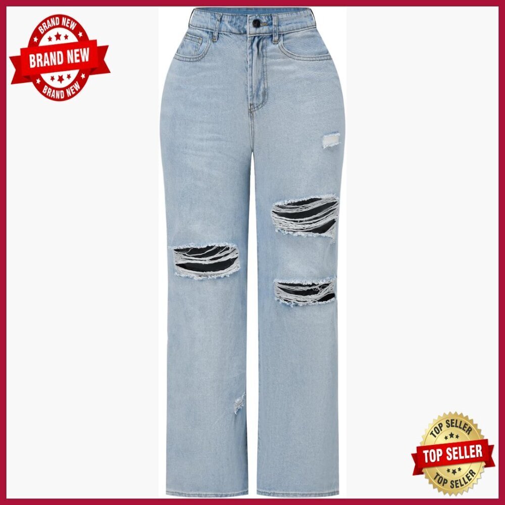 Stretchy High Waisted Wide Leg Jeans Distressed Denim Pants